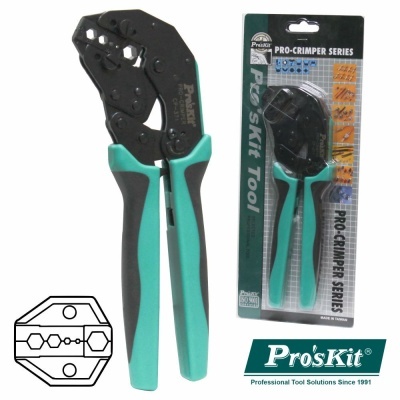Alicate crimpar Pro'sKit com punhos verde e preto em embalagem
