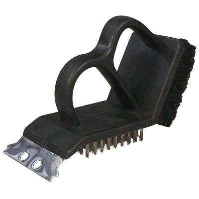 Escova para grelhas preta com cerdas metálicas, esfregão e raspador