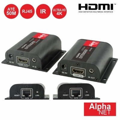 Extensores HDMI AlphaNET preto com RJ45 e portas HDMI
