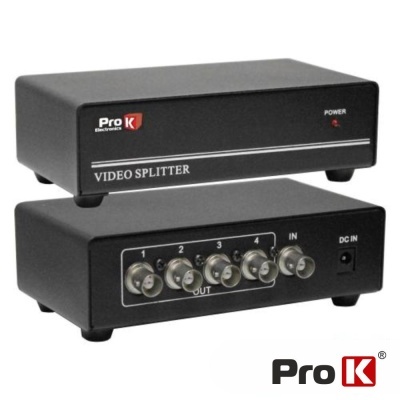 VIDEO SPLITTER preto com várias portas coaxiais e indicador luminoso da Pro K