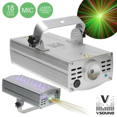 Laser de luz prata com 18 LEDs azuis e laser vermelho e verde, marca VSOUND