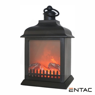 Lanterna preta decorativa com chama artificial e pedras