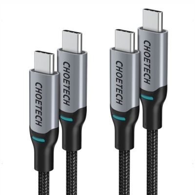 Cabo USB tipo C CHOETECH com acabamento em tecido preto e detalhes azuis