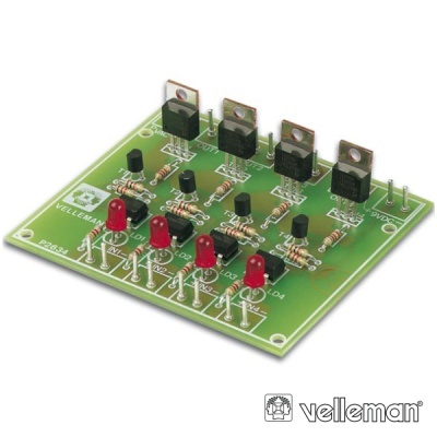 Placa eletrónica verde Velleman com LEDs vermelhos e transistores