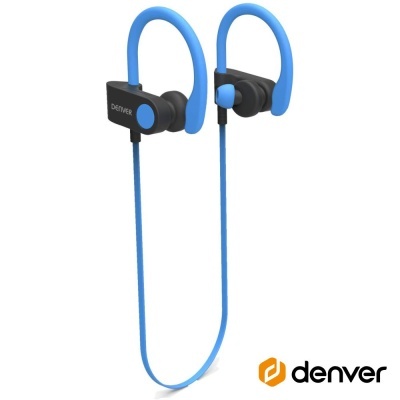 Auriculares desportivos azuis e pretos com apoio de silicone, ligados por fio azul, com marca DENVER.