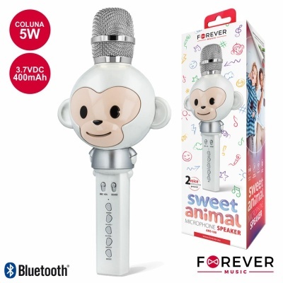 Microfone speaker Bluetooth branco com design de macaco e embalagem
