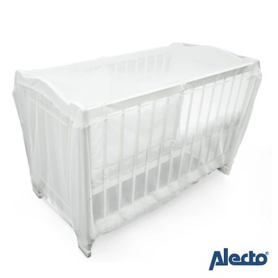 Berço branco com mosquiteiro branco e logótipo Alecto