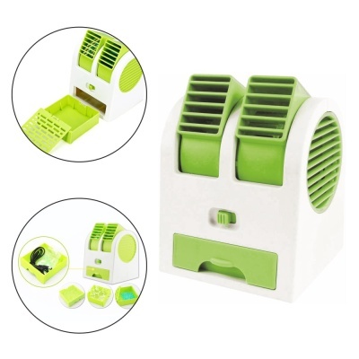 ventilador portátil branco e verde com duas saídas de ar ajustáveis e acessórios