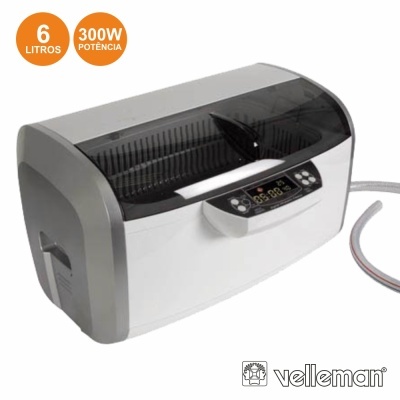 Aparelho de limpeza ultrassónica cinza e branco com painel digital