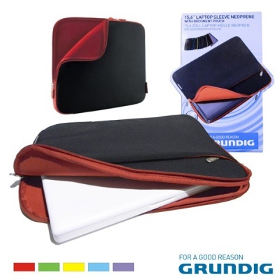 Capa para portátil preta e vermelha em neoprene com embalagem da marca Grundig