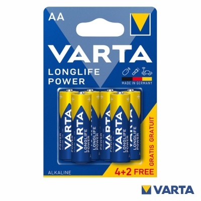 Pilha alcalina AA VARTA Longlife Power, embalagem com 6 unidades, azul e amarelo