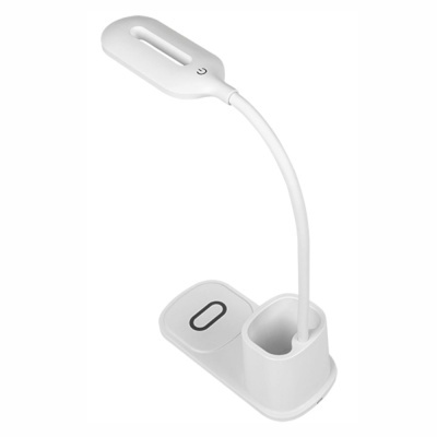 Candeeiro de secretária branco com braço flexível e base retangular.