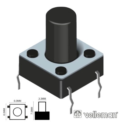 Interruptor tátil quadrado preto com botão cylindrical e quatro terminais metálicos