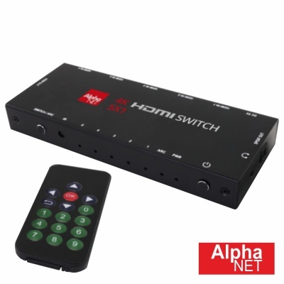 Comutador HDMI 4K 5x1 AlphaNET em preto com telecomando