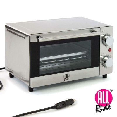 Mini forno elétrico prateado com porta de vidro e botões cromados