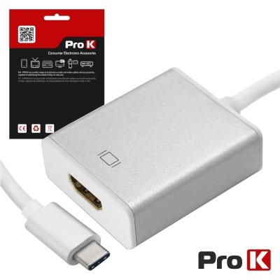 Adaptador USB-C para HDMI Pro K prateado com cabo branco e embalagem preta e vermelha