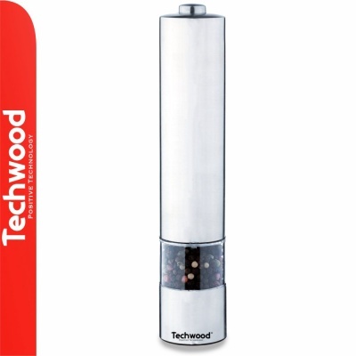 Moinho elétrico de pimenta Techwood prateado com parte transparente e texto Techwood.