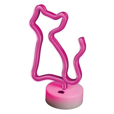 Luz de neon rosa em forma de gato com base branca