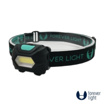 Lanterna de cabeça preta com correia elástica preta e verde, texto FOREVER LIGHT