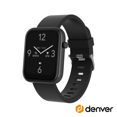 Relógio inteligente preto da marca Denver com mostrador digital quadrado e bracelete em silicone preta