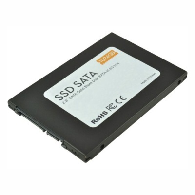 Disco SSD SATA preto com etiqueta branca e texto de especificações