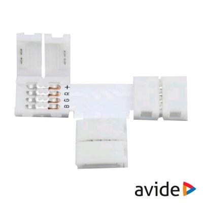 Conector T para fitas LED branco com contactos metálicos e inscrições B G R +