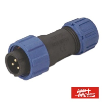 Conector elétrico preto e azul com três pinos da Alpha Elettronica