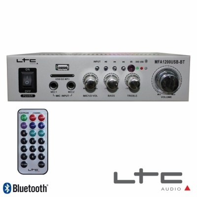 Amplificador LTC MFA1200USB-BT cinza com botões e comando remoto colorido