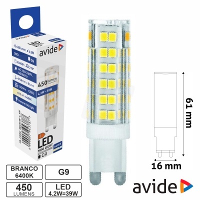 Lâmpada LED G9 branca avide com 450 lumens e 4.2W numa caixa branca
