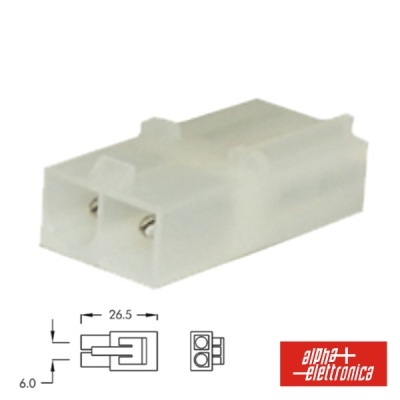 Conector elétrico plástico translúcido com dois terminais metálicos e medidas técnicas.