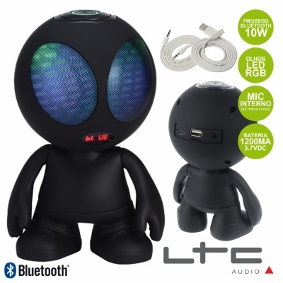 Coluna portátil Bluetooth preta em forma de boneco com olhos LED coloridos e visor digital vermelho