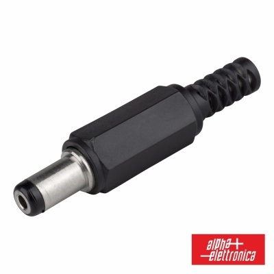 Conector de alimentação redondo preto e prata com logótipo de marca