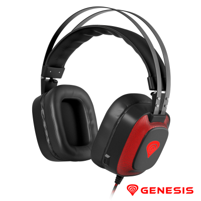 auricular preto e vermelho com almofadas e estrutura metálica