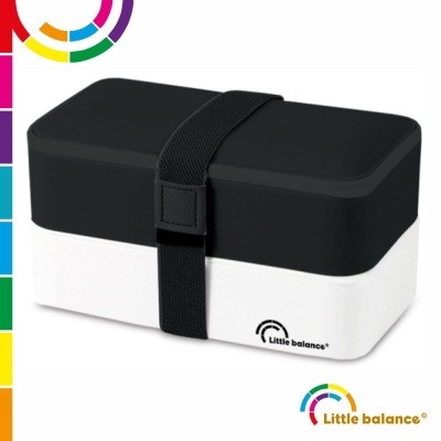 Marmita retangular preta e branca com faixa elástica e logótipo Little balance