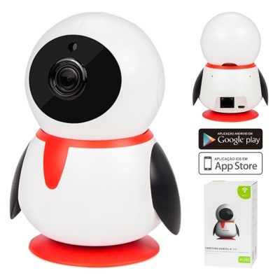 Câmara de vigilância em forma de pinguim branco e vermelho com asas pretas