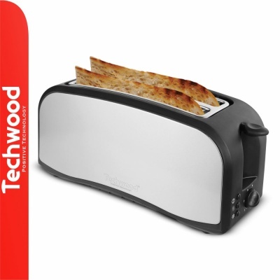 Torradeira Techwood branca e preta com pão a tostar, texto Techwood POSITIVE TECHNOLOGY