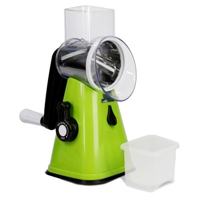 Ralador manual verde com manivela branca e recipiente plástico translúcido