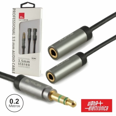 Cabo áudio estéreo 3,5 mm cinza com conetores dourados e embalagem branca