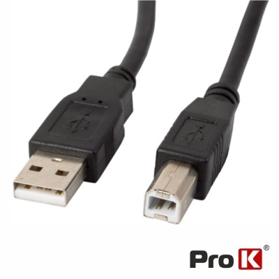 Cabo USB preto com conectores tipo A e B e logótipo ProK.