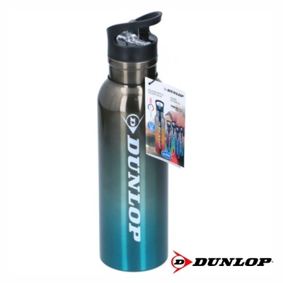 Garrafa térmica metálica azul e prata Dunlop com tampa preta e etiqueta