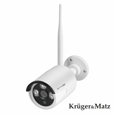 Câmara de segurança branca com antena e LEDs com texto Krüger&Matz