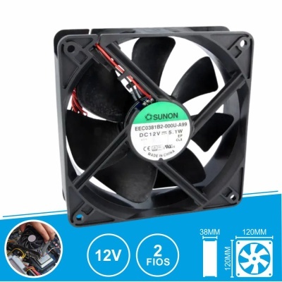 Ventoinha de refrigeração preta quadrada com etiqueta Sunon e dois fios