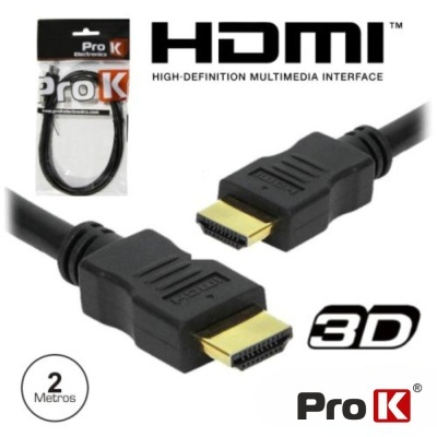 Cabo HDMI preto da marca Pro K com conectores dourados, 2 metros, suporte 3D.