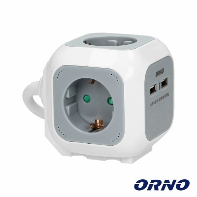 Adaptador elétrico cubo branco e cinza com tomadas e portas USB