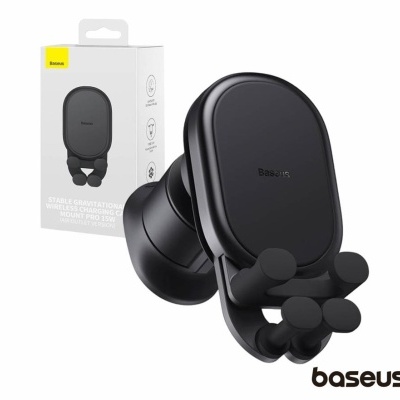 Suporte para telemóvel Baseus preto e embalagem branca ao fundo