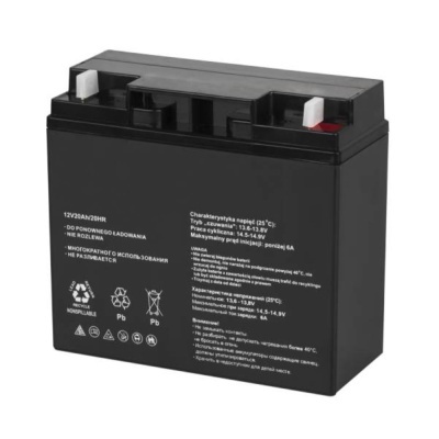 Bateria recarregável preta com terminais vermelhos e brancos e texto técnico