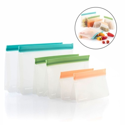 Sacos reutilizáveis de silicone com fecho colorido para armazenar alimentos