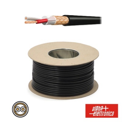Rolo de cabo coaxial preto com secção transversal e logo alpha elettronica