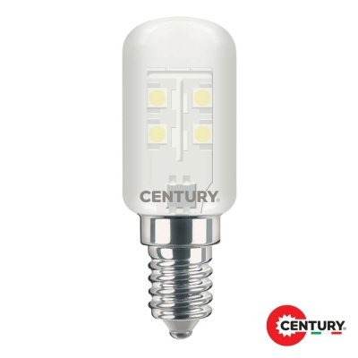 Lâmpada LED tubular branca com base metalizada e texto CENTURY.