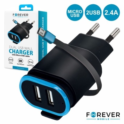 Carregador de parede preto com duas portas USB e cabo Micro USB, embalagem ao fundo